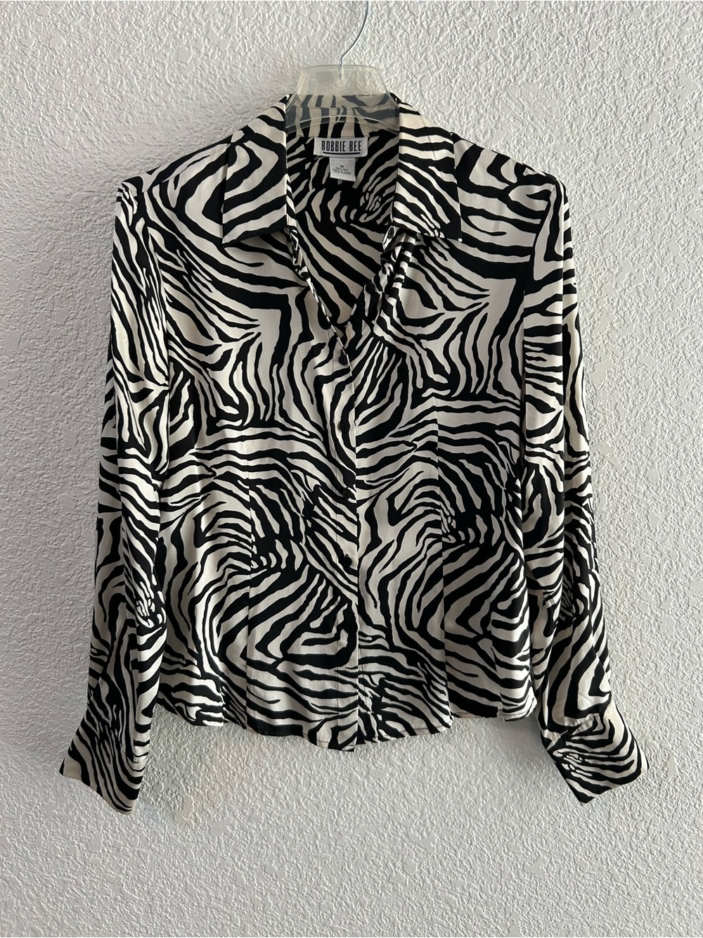 Robbie Bee 100% Silk Zebra Print Button Up Blouse Y2K Mob Wife Medium